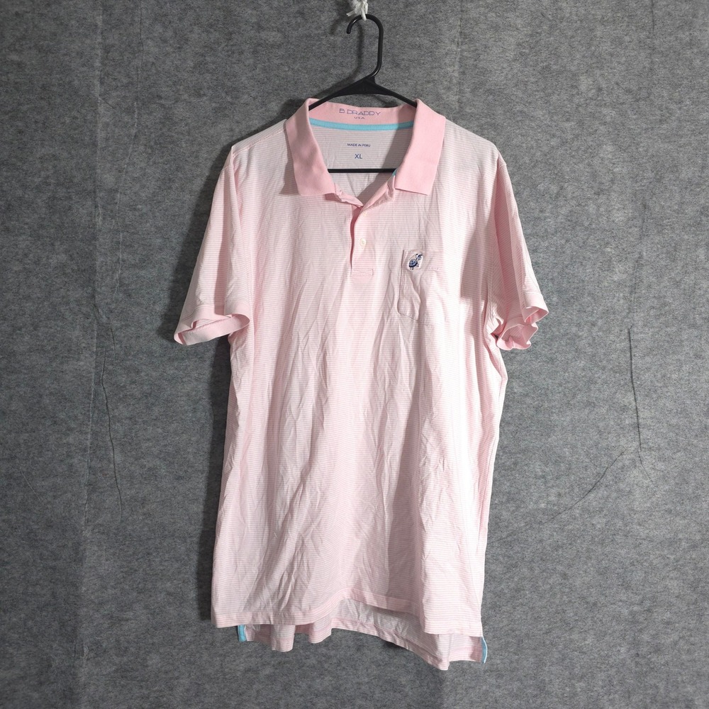 B Draddy The Loxahatchee Club Polo Shirt Mens XL Pink Striped Golf Turtle Pocket
